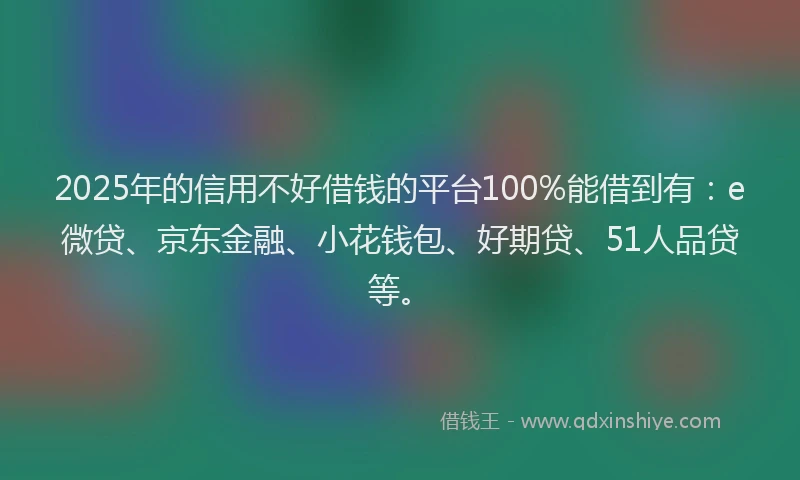 2025年的信用不好借钱的平台100%能借到有：e微贷、京东金融、小花钱包、好期贷、51人品贷等。