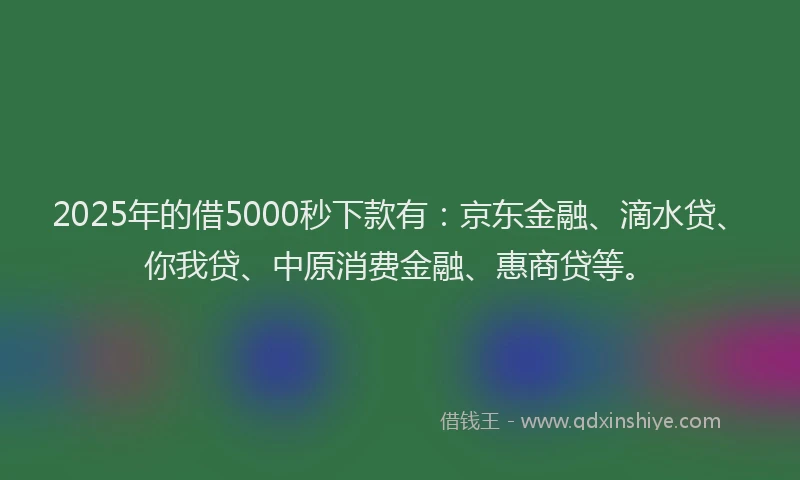 2025年的借5000秒下款有：京东金融、滴水贷、你我贷、中原消费金融、惠商贷等。