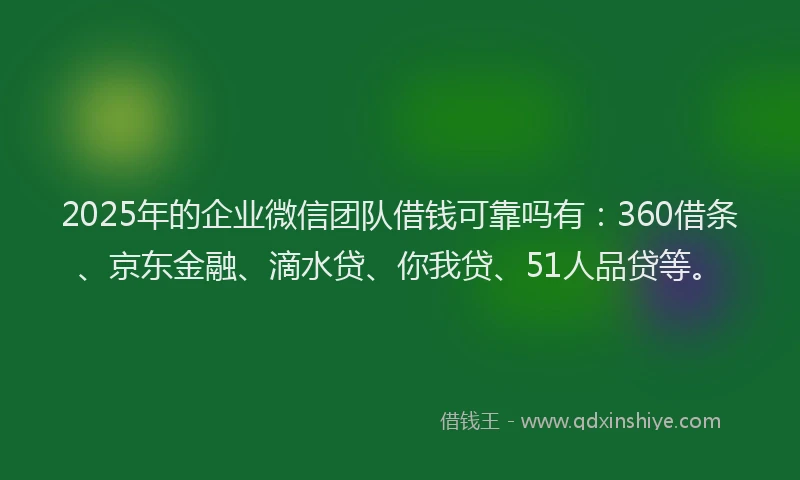 2025年的企业微信团队借钱可靠吗有：360借条、京东金融、滴水贷、你我贷、51人品贷等。