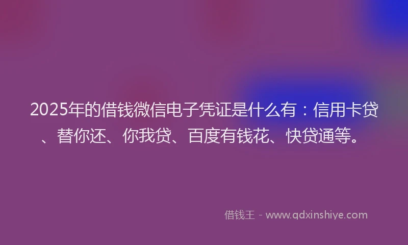 2025年的借钱微信电子凭证是什么有：信用卡贷、替你还、你我贷、百度有钱花、快贷通等。