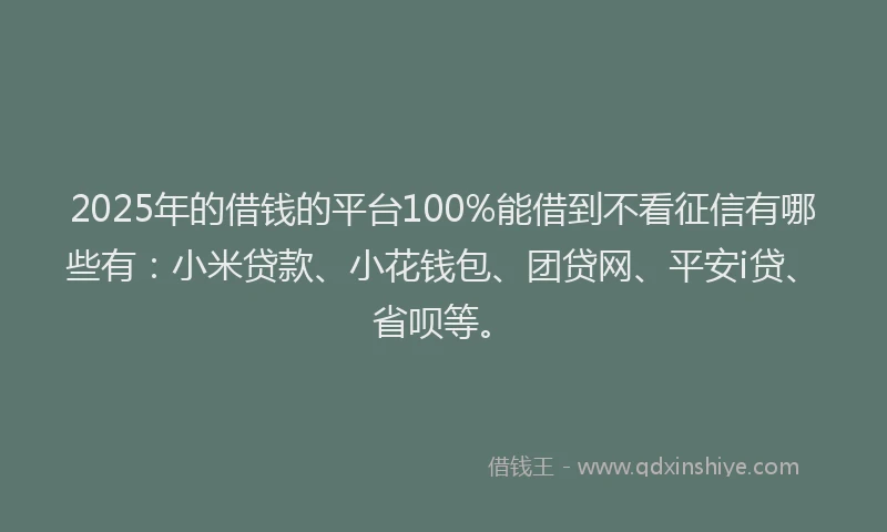 2025年的借钱的平台100%能借到不看征信有哪些有：小米贷款、小花钱包、团贷网、平安i贷、省呗等。