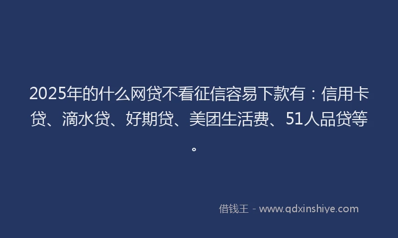 2025年的什么网贷不看征信容易下款有：信用卡贷、滴水贷、好期贷、美团生活费、51人品贷等。
