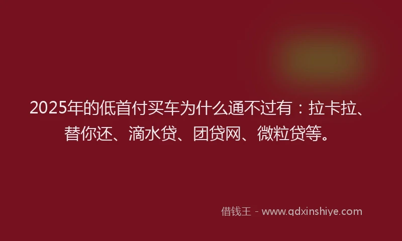 2025年的低首付买车为什么通不过有：拉卡拉、替你还、滴水贷、团贷网、微粒贷等。
