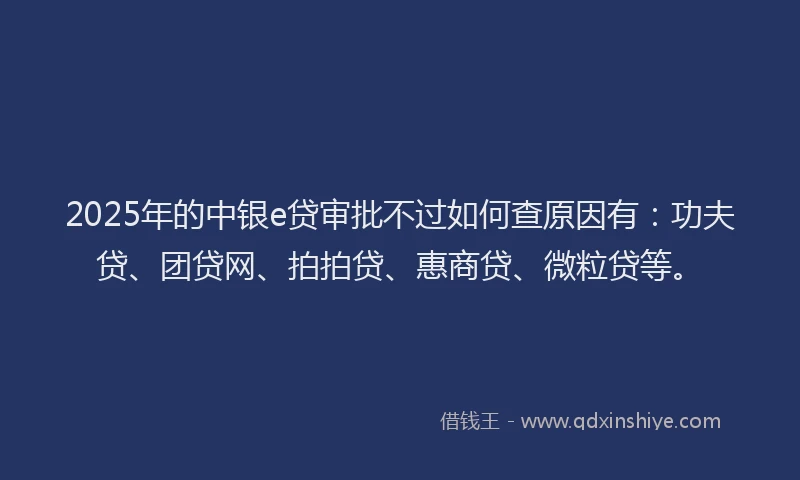 2025年的中银e贷审批不过如何查原因有：功夫贷、团贷网、拍拍贷、惠商贷、微粒贷等。