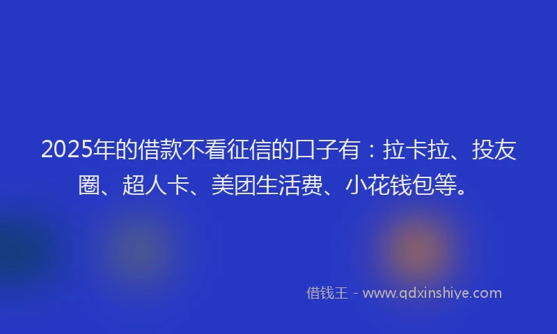 2025年的借款不看征信的口子有：拉卡拉、投友圈、超人卡、美团生活费、小花钱包等。
