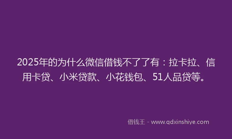 2025年的为什么微信借钱不了了有：拉卡拉、信用卡贷、小米贷款、小花钱包、51人品贷等。
