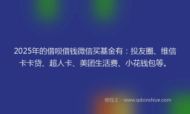 2025年的借呗借钱微信买基金有：投友圈、维信卡卡贷、超人卡、美团生活费、小花钱包等。