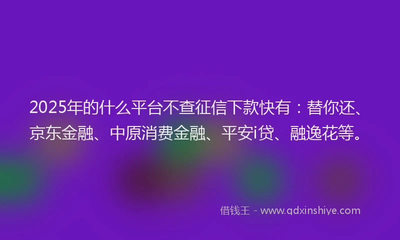 2025年的什么平台不查征信下款快有：替你还、京东金融、中原消费金融、平安i贷、融逸花等。