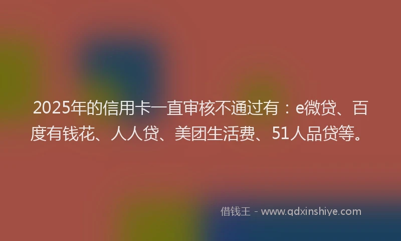 2025年的信用卡一直审核不通过有：e微贷、百度有钱花、人人贷、美团生活费、51人品贷等。