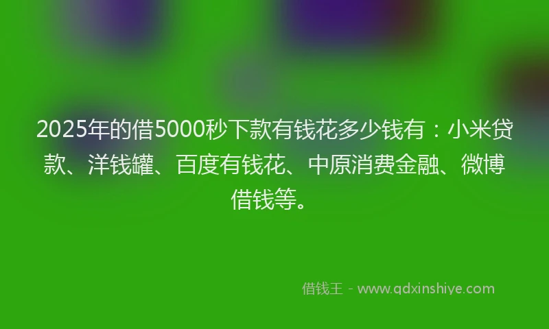 2025年的借5000秒下款有钱花多少钱有：小米贷款、洋钱罐、百度有钱花、中原消费金融、微博借钱等。
