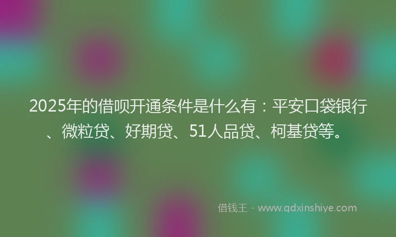 2025年的借呗开通条件是什么有：平安口袋银行、微粒贷、好期贷、51人品贷、柯基贷等。