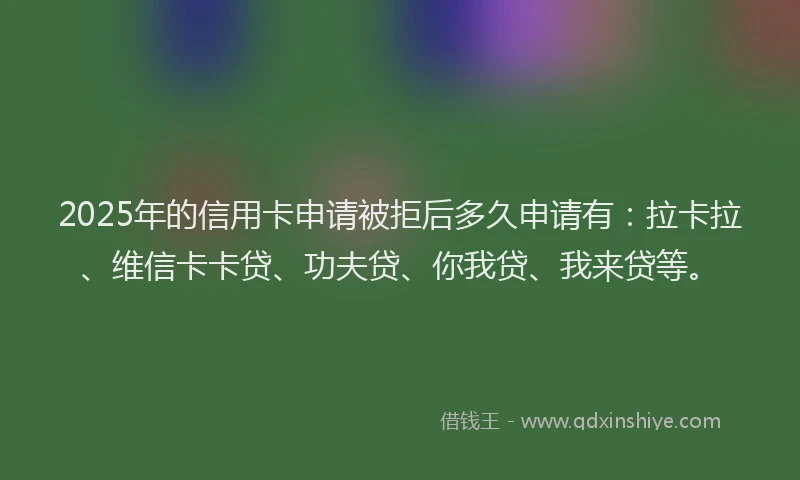 2025年的信用卡申请被拒后多久申请有：拉卡拉、维信卡卡贷、功夫贷、你我贷、我来贷等。