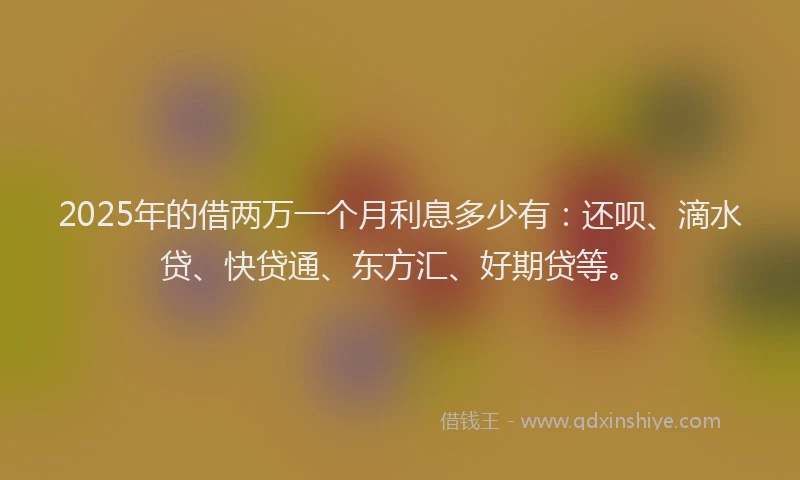 2025年的借两万一个月利息多少有：还呗、滴水贷、快贷通、东方汇、好期贷等。