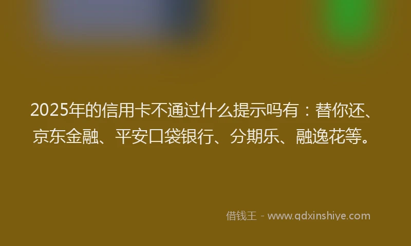 2025年的信用卡不通过什么提示吗有：替你还、京东金融、平安口袋银行、分期乐、融逸花等。