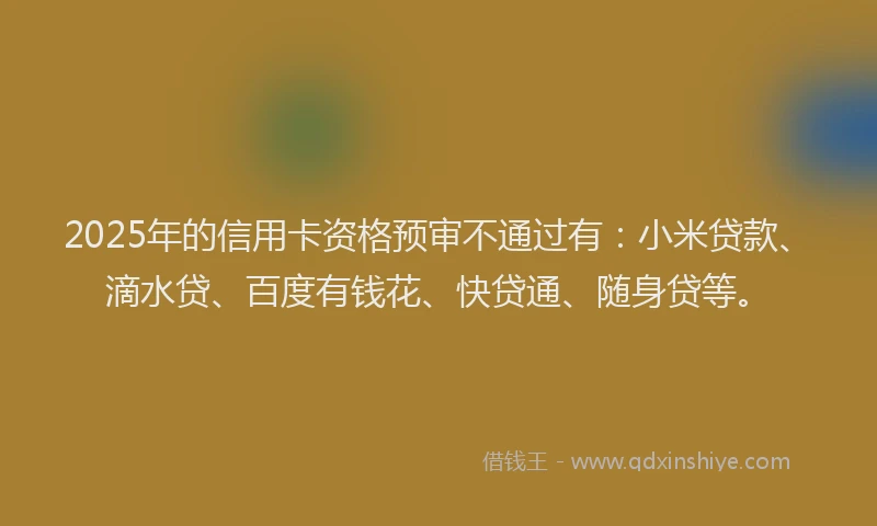 2025年的信用卡资格预审不通过有：小米贷款、滴水贷、百度有钱花、快贷通、随身贷等。