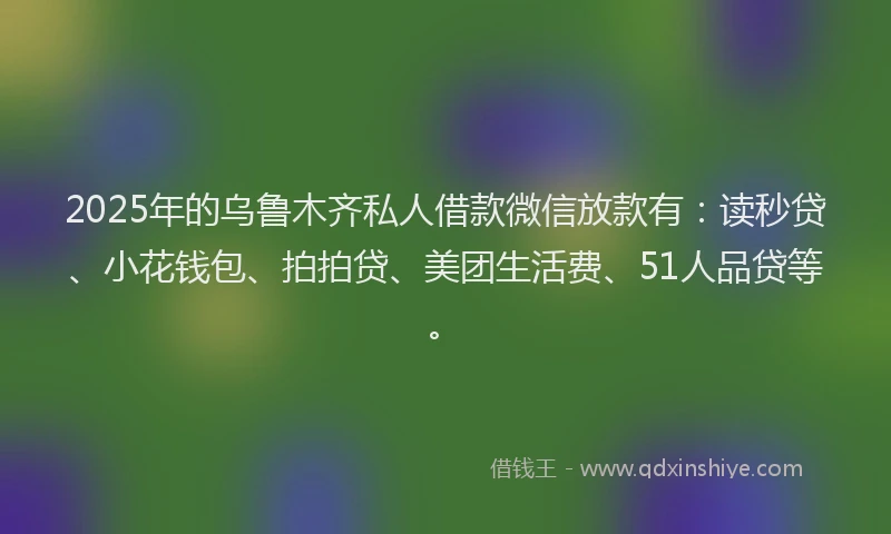 2025年的乌鲁木齐私人借款微信放款有：读秒贷、小花钱包、拍拍贷、美团生活费、51人品贷等。