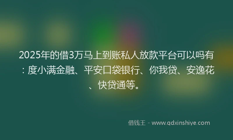 2025年的借3万马上到账私人放款平台可以吗有：度小满金融、平安口袋银行、你我贷、安逸花、快贷通等。