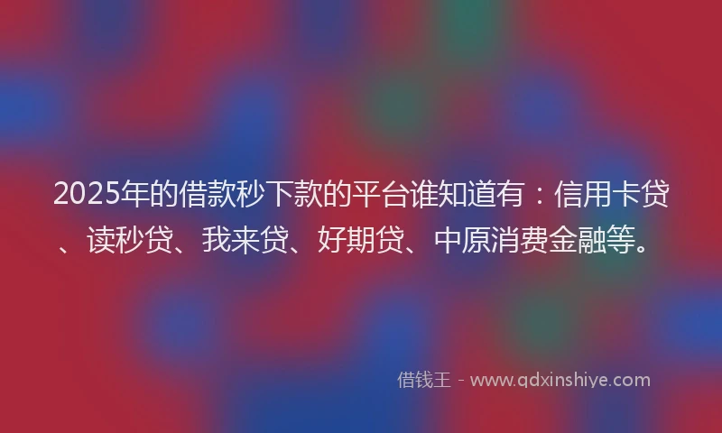2025年的借款秒下款的平台谁知道有：信用卡贷、读秒贷、我来贷、好期贷、中原消费金融等。