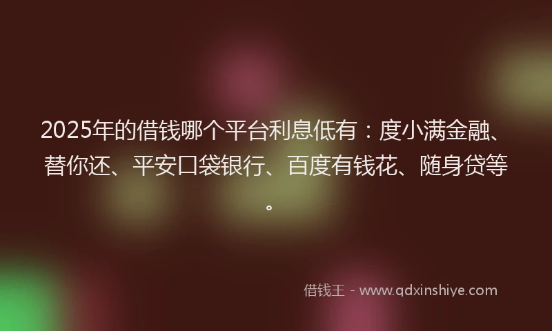 2025年的借钱哪个平台利息低有：度小满金融、替你还、平安口袋银行、百度有钱花、随身贷等。