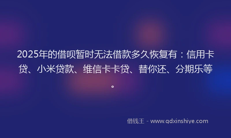 2025年的借呗暂时无法借款多久恢复有：信用卡贷、小米贷款、维信卡卡贷、替你还、分期乐等。