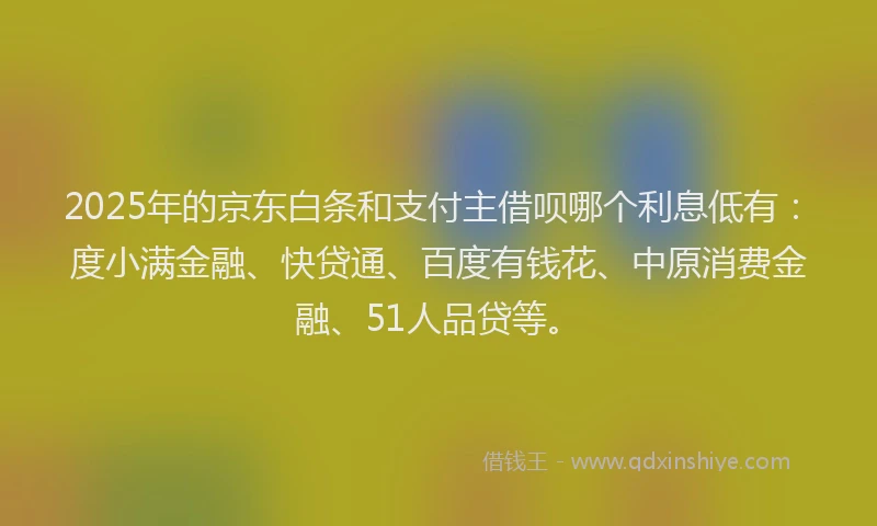 2025年的京东白条和支付主借呗哪个利息低有：度小满金融、快贷通、百度有钱花、中原消费金融、51人品贷等。