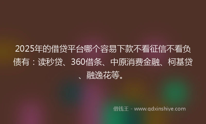 2025年的借贷平台哪个容易下款不看征信不看负债有：读秒贷、360借条、中原消费金融、柯基贷、融逸花等。