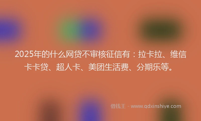 2025年的什么网贷不审核征信有：拉卡拉、维信卡卡贷、超人卡、美团生活费、分期乐等。