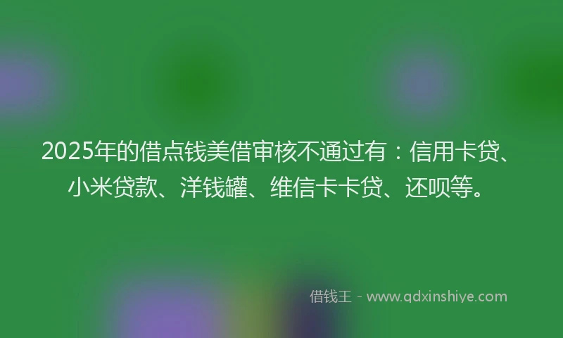 2025年的借点钱美借审核不通过有：信用卡贷、小米贷款、洋钱罐、维信卡卡贷、还呗等。