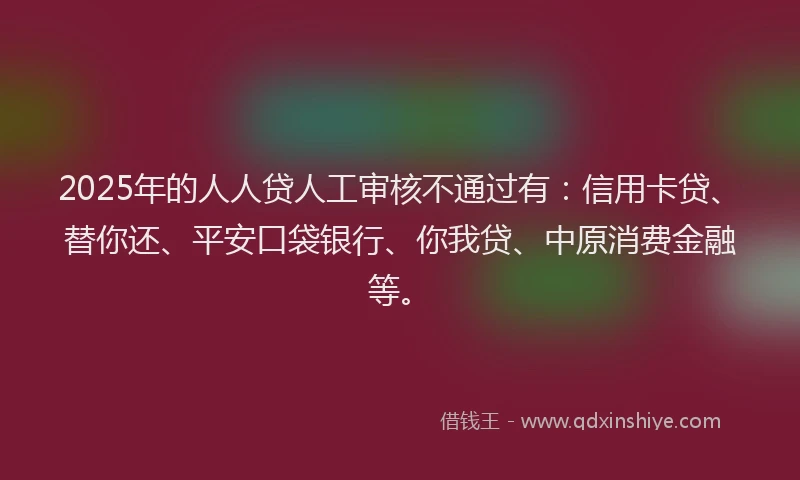 2025年的人人贷人工审核不通过有：信用卡贷、替你还、平安口袋银行、你我贷、中原消费金融等。
