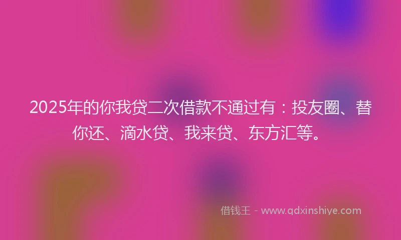 2025年的你我贷二次借款不通过有：投友圈、替你还、滴水贷、我来贷、东方汇等。