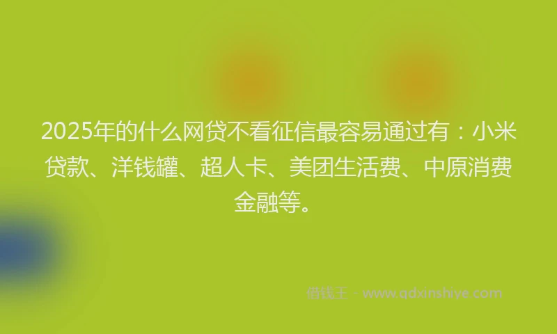 2025年的什么网贷不看征信最容易通过有：小米贷款、洋钱罐、超人卡、美团生活费、中原消费金融等。