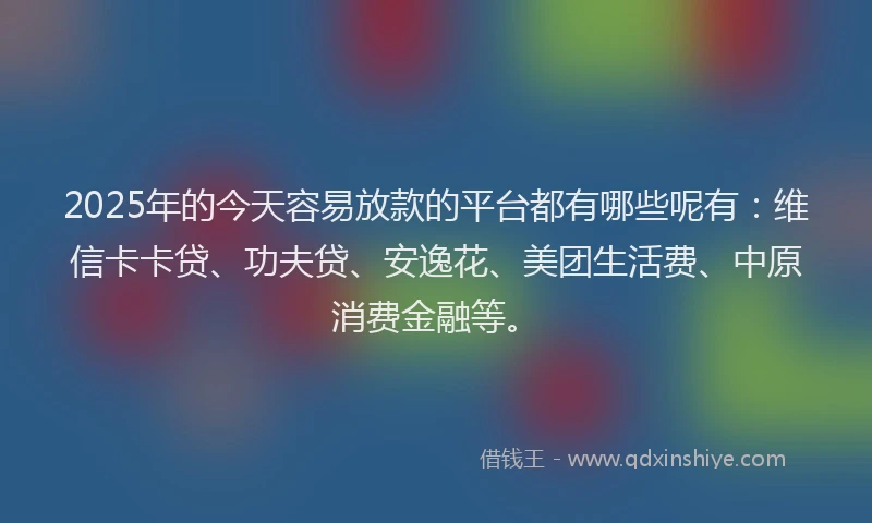 2025年的今天容易放款的平台都有哪些呢有：维信卡卡贷、功夫贷、安逸花、美团生活费、中原消费金融等。