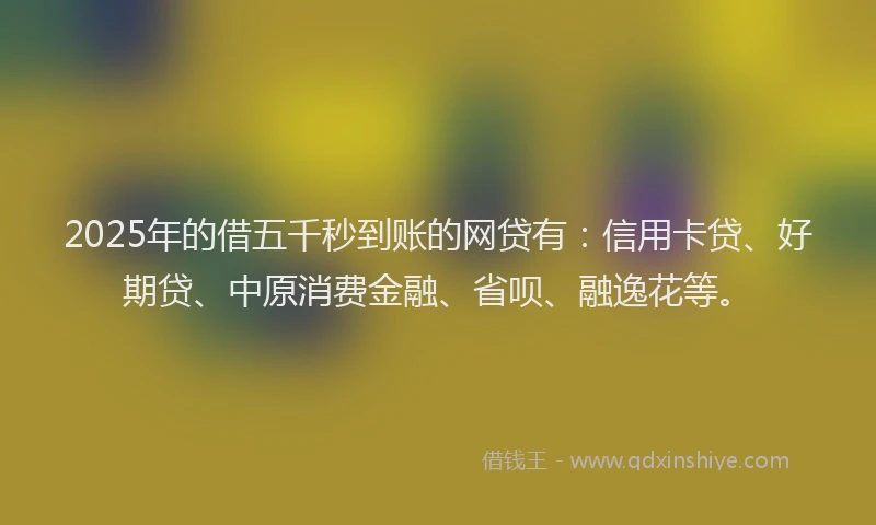 2025年的借五千秒到账的网贷有：信用卡贷、好期贷、中原消费金融、省呗、融逸花等。
