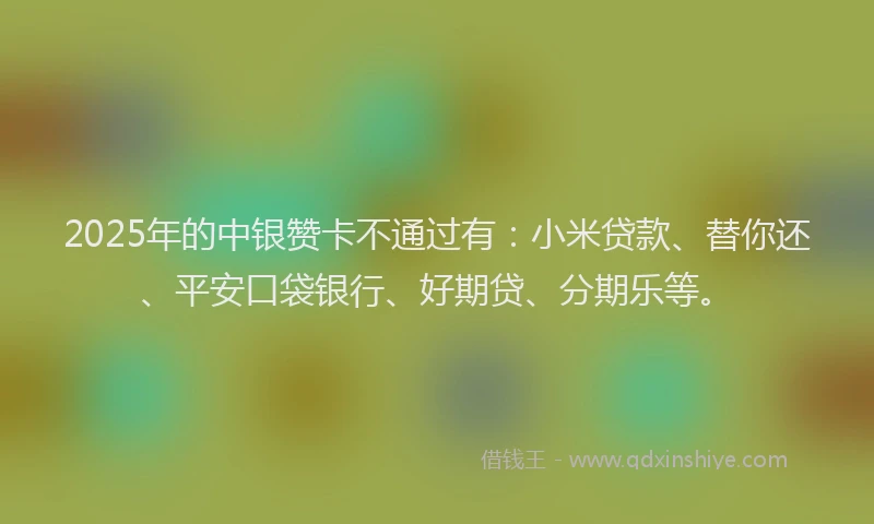 2025年的中银赞卡不通过有：小米贷款、替你还、平安口袋银行、好期贷、分期乐等。