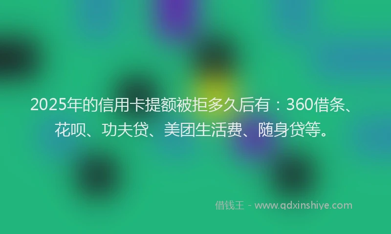 2025年的信用卡提额被拒多久后有：360借条、花呗、功夫贷、美团生活费、随身贷等。
