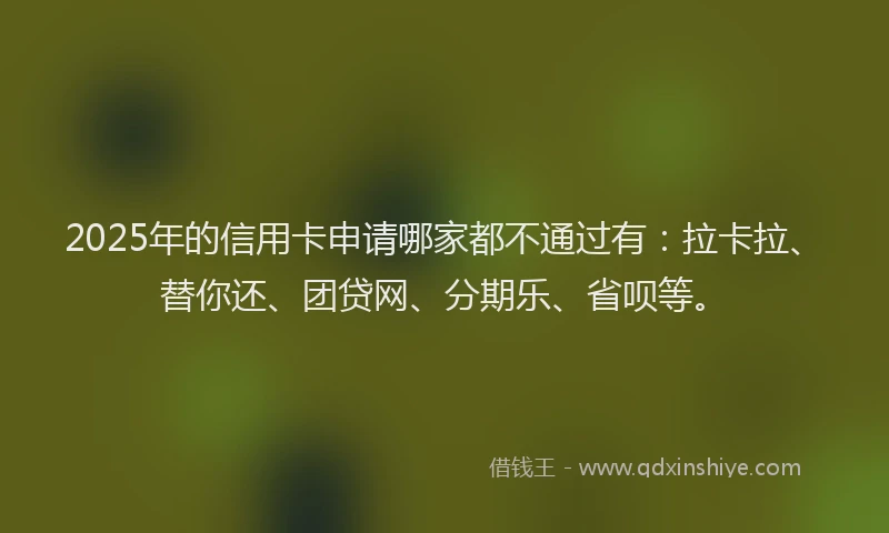 2025年的信用卡申请哪家都不通过有：拉卡拉、替你还、团贷网、分期乐、省呗等。