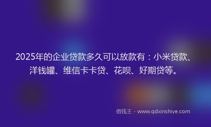 2025年的企业贷款多久可以放款有：小米贷款、洋钱罐、维信卡卡贷、花呗、好期贷等。