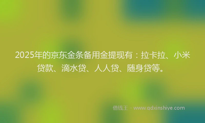 2025年的京东金条备用金提现有：拉卡拉、小米贷款、滴水贷、人人贷、随身贷等。