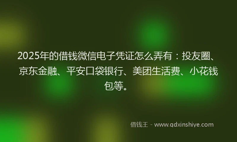 2025年的借钱微信电子凭证怎么弄有：投友圈、京东金融、平安口袋银行、美团生活费、小花钱包等。