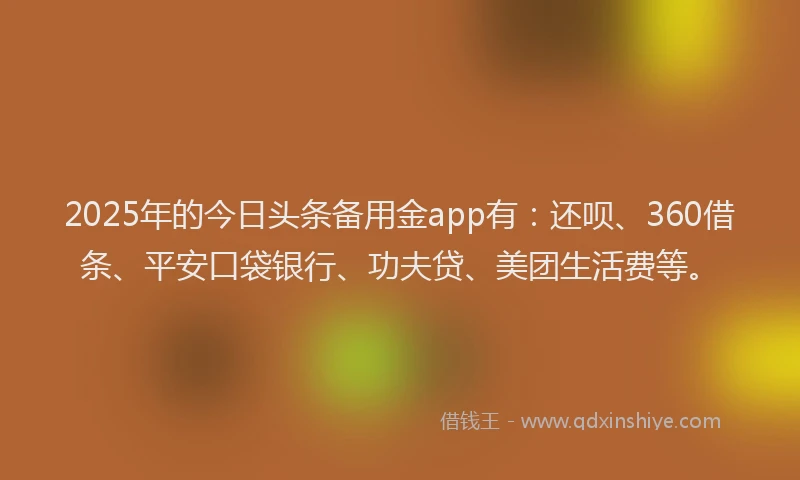 2025年的今日头条备用金app有：还呗、360借条、平安口袋银行、功夫贷、美团生活费等。