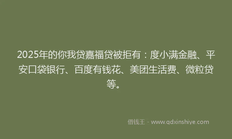 2025年的你我贷嘉福贷被拒有：度小满金融、平安口袋银行、百度有钱花、美团生活费、微粒贷等。