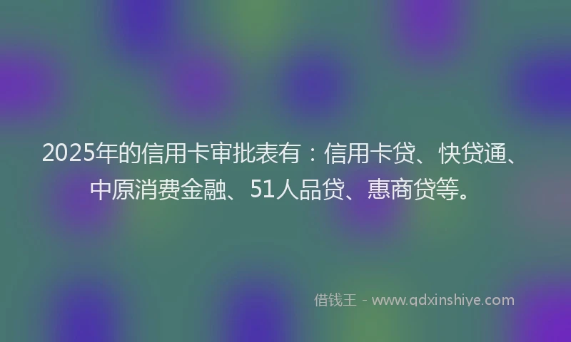 2025年的信用卡审批表有：信用卡贷、快贷通、中原消费金融、51人品贷、惠商贷等。