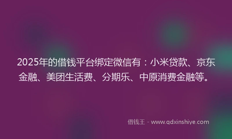 2025年的借钱平台绑定微信有：小米贷款、京东金融、美团生活费、分期乐、中原消费金融等。