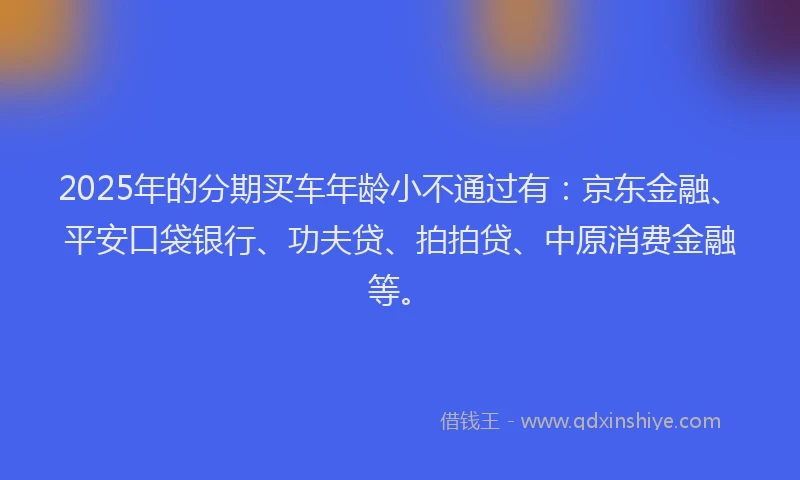 2025年的分期买车年龄小不通过有：京东金融、平安口袋银行、功夫贷、拍拍贷、中原消费金融等。