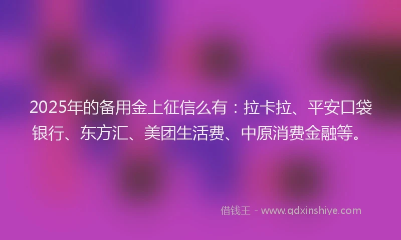 2025年的备用金上征信么有：拉卡拉、平安口袋银行、东方汇、美团生活费、中原消费金融等。