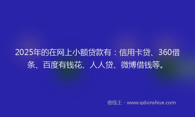 2025年的在网上小额贷款有：信用卡贷、360借条、百度有钱花、人人贷、微博借钱等。