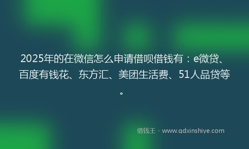 2025年的在微信怎么申请借呗借钱有：e微贷、百度有钱花、东方汇、美团生活费、51人品贷等。
