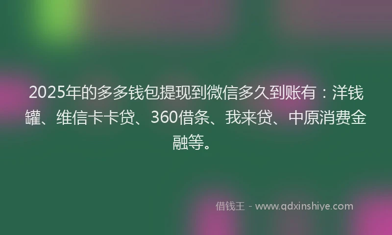 2025年的多多钱包提现到微信多久到账有：洋钱罐、维信卡卡贷、360借条、我来贷、中原消费金融等。