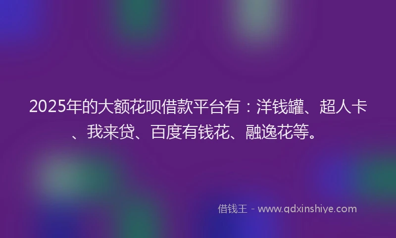 2025年的大额花呗借款平台有：洋钱罐、超人卡、我来贷、百度有钱花、融逸花等。