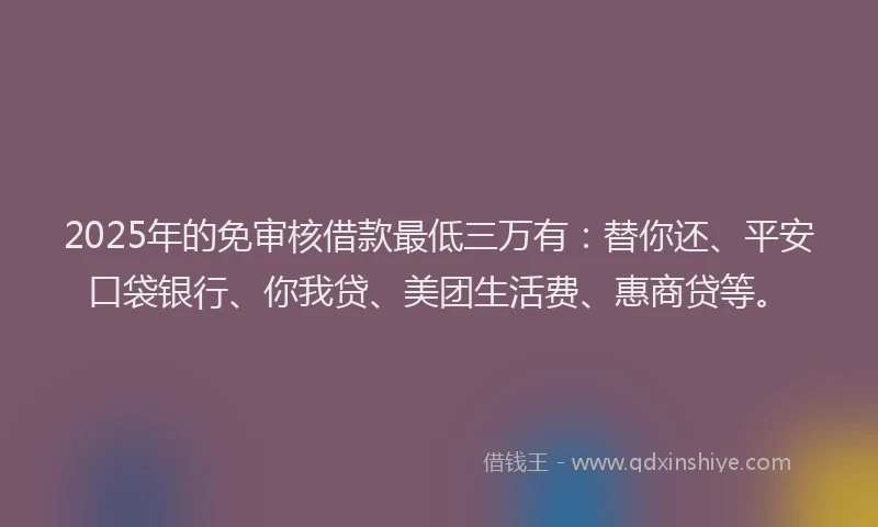 2025年的免审核借款最低三万有：替你还、平安口袋银行、你我贷、美团生活费、惠商贷等。